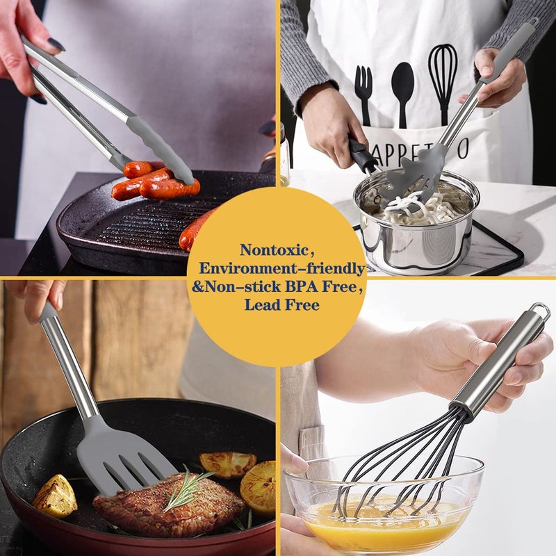 Fungun Silicone Cooking Utensil Set, Fungun Non-stick Kitchen Utensil 24 Pcs Cooking Utensils Set, Heat Resistant Cookware, Silicone Kitchen Tools Gift with Stainless Steel Handle (Gray-24pcs) - Image 5